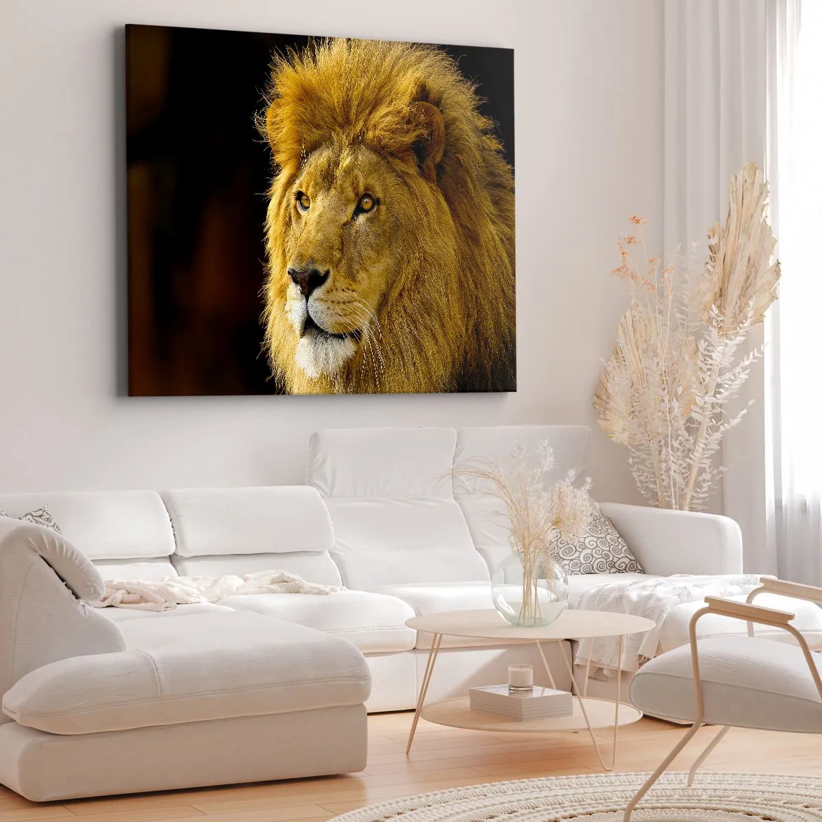 Quadro su tela - Stampe su Tela - Ritratto di un leone con una maestosa criniera su uno sfondo scuro - 70x50cm - Ritratto del re - Decorazione murale moderna per soggiorno e camera da letto ARTTOR
