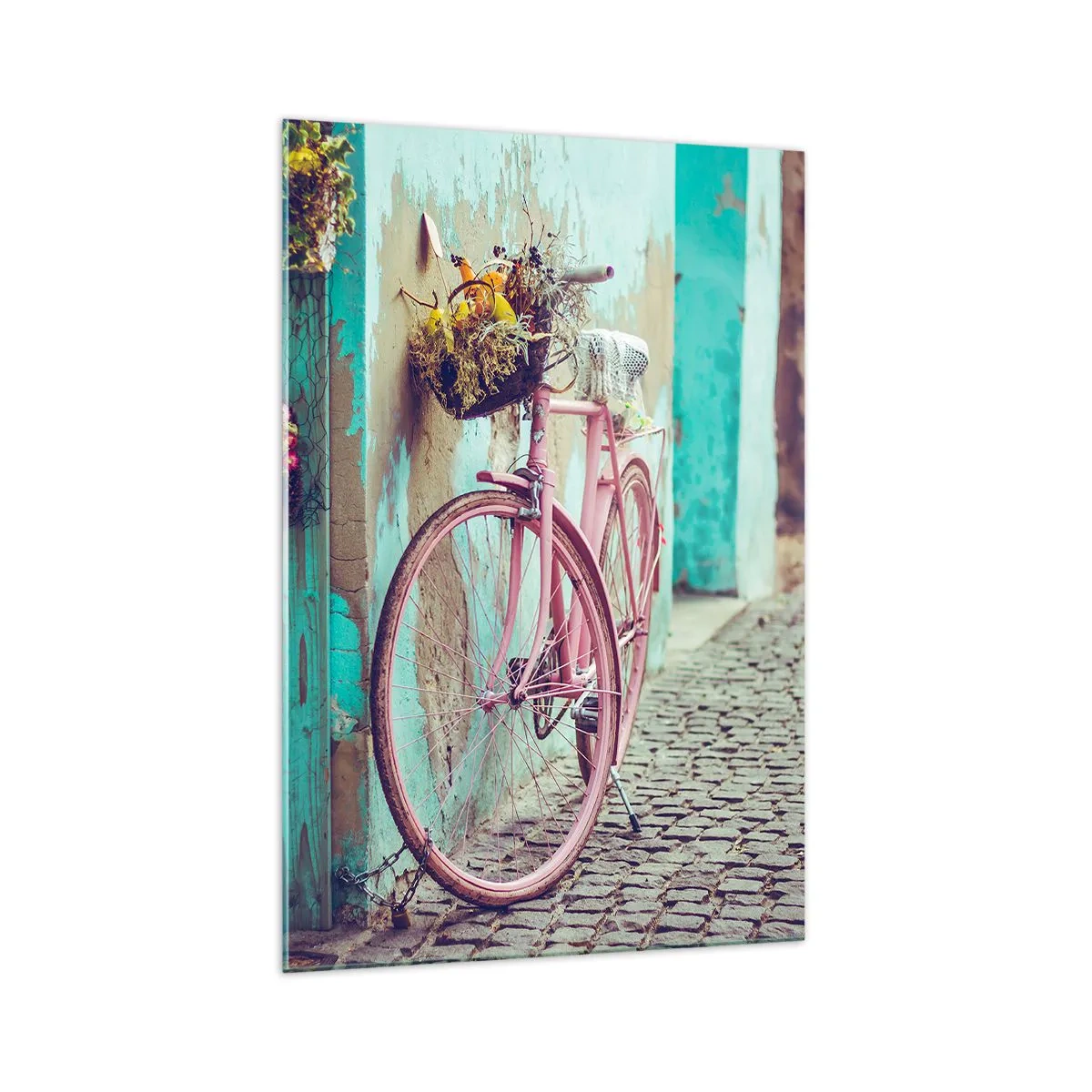 Quadro su vetro - Una bicicletta rosa vicino a una porta turchese - 70x100cm - Torno subito - Decorazione murale moderna per soggiorno e camera da letto ARTTOR