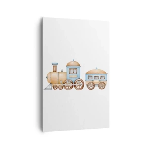 Quadro su tela - Stampe su Tela - Disegno di un treno in tonalità pastello su sfondo bianco - 80x120cm - Fermo alla stazione... - Decorazione murale moderna per soggiorno e camera da letto ARTTOR