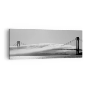 Quadro su tela - Stampe su Tela - Un ponte sull'acqua avvolto nella nebbia in uno scatto in bianco e nero - 140x50cm - Navigare attraverso la Porta d'Oro - Decorazione murale moderna per soggiorno e camera da letto ARTTOR