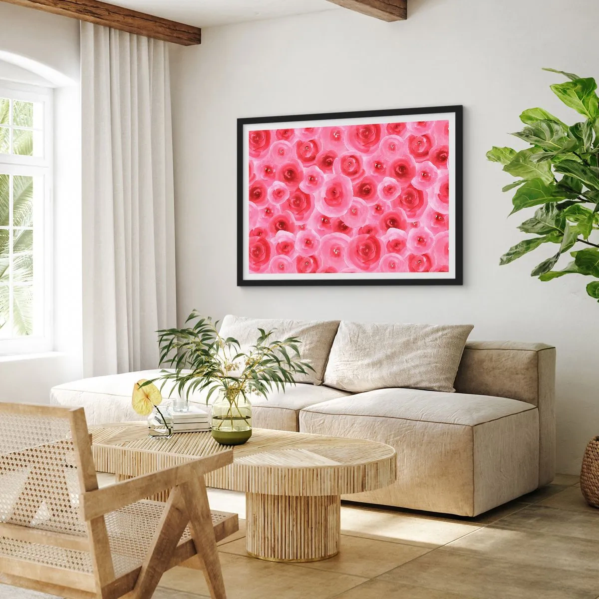 Poster in cornice nera - Delicate rose nelle tonalità pastello del rosa - 70x50cm - Rose in alto e in basso - Decorazione murale moderna per soggiorno e camera da letto ARTTOR