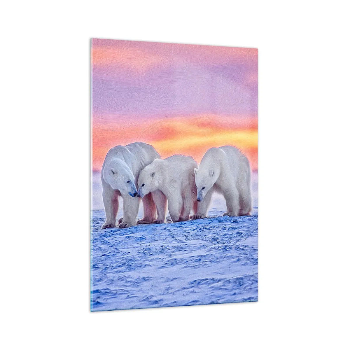 Quadro su vetro - Tre orsi polari sullo sfondo di un tramonto artico - 70x100cm - Basta il calore della famiglia - Decorazione murale moderna per soggiorno e camera da letto ARTTOR