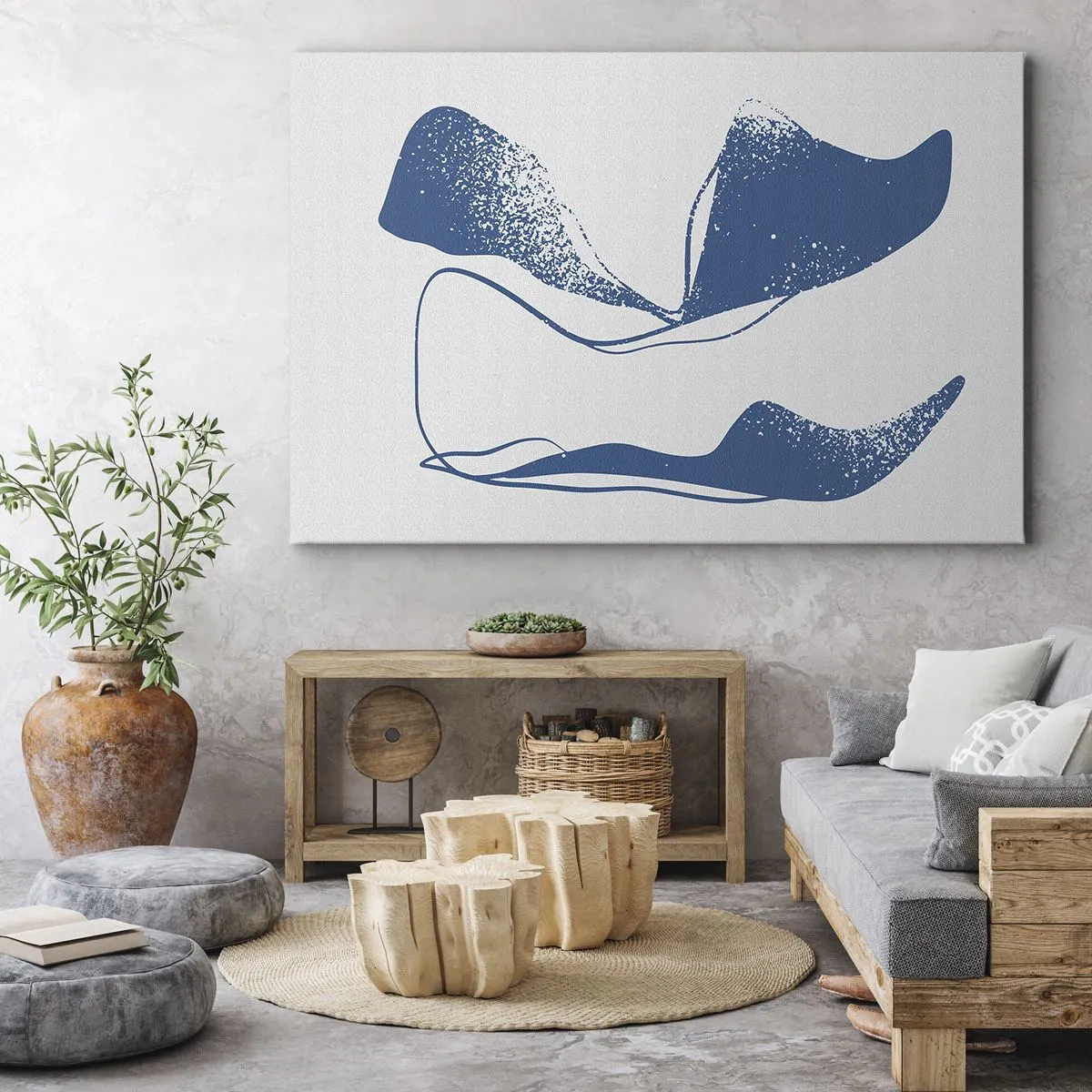 Quadro su tela - Stampe su Tela - Forme astratte in tonalità blu su sfondo bianco - 70x50cm - Astrazione alata - Decorazione murale moderna per soggiorno e camera da letto ARTTOR