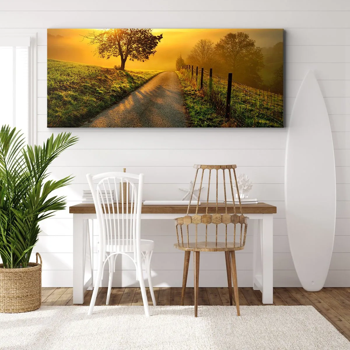 Quadro su tela - Stampe su Tela - Una strada pittoresca al tramonto con un albero solitario sullo sfondo - 160x50cm - Pomeriggio di miele - Decorazione murale moderna per soggiorno e camera da letto ARTTOR