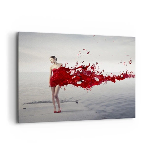 Quadro su tela - Stampe su Tela - Una donna in abito rosso in una composizione artistica in riva all'acqua - 100x70cm - Appassionata come lo scarlatto - Decorazione murale moderna per soggiorno e camera da letto ARTTOR