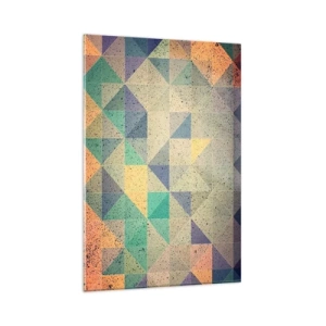 Quadro su vetro - Una composizione colorata di triangoli geometrici in tonalità pastello. - 80x120cm - La repubblica dei triangoli - Decorazione murale moderna per soggiorno e camera da letto ARTTOR