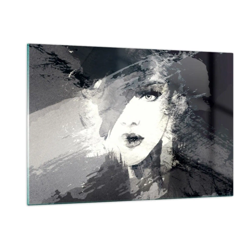 Quadro su vetro - Il volto di una donna è parzialmente coperto da macchie grigie astratte. - 120x80cm - Dietro un velo grigio - Decorazione murale moderna per soggiorno e camera da letto ARTTOR