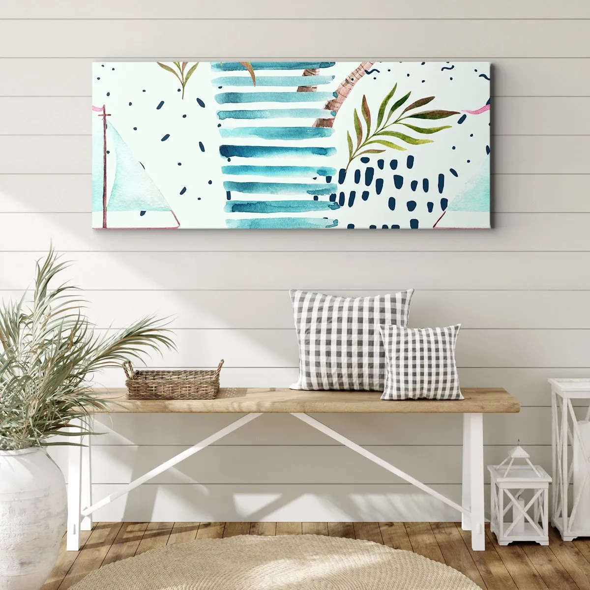 Quadro su tela - Stampe su Tela - Motivo astratto con palme e accenti nautici - 160x50cm - Vacanze sotto le palme - Decorazione murale moderna per soggiorno e camera da letto ARTTOR