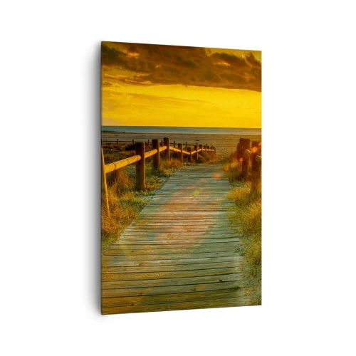 Quadro su tela - Stampe su Tela - Un sentiero in legno che conduce alla spiaggia al chiarore del sole al tramonto - 80x120cm - Immerse nell'oro vecchio - Decorazione murale moderna per soggiorno e camera da letto ARTTOR