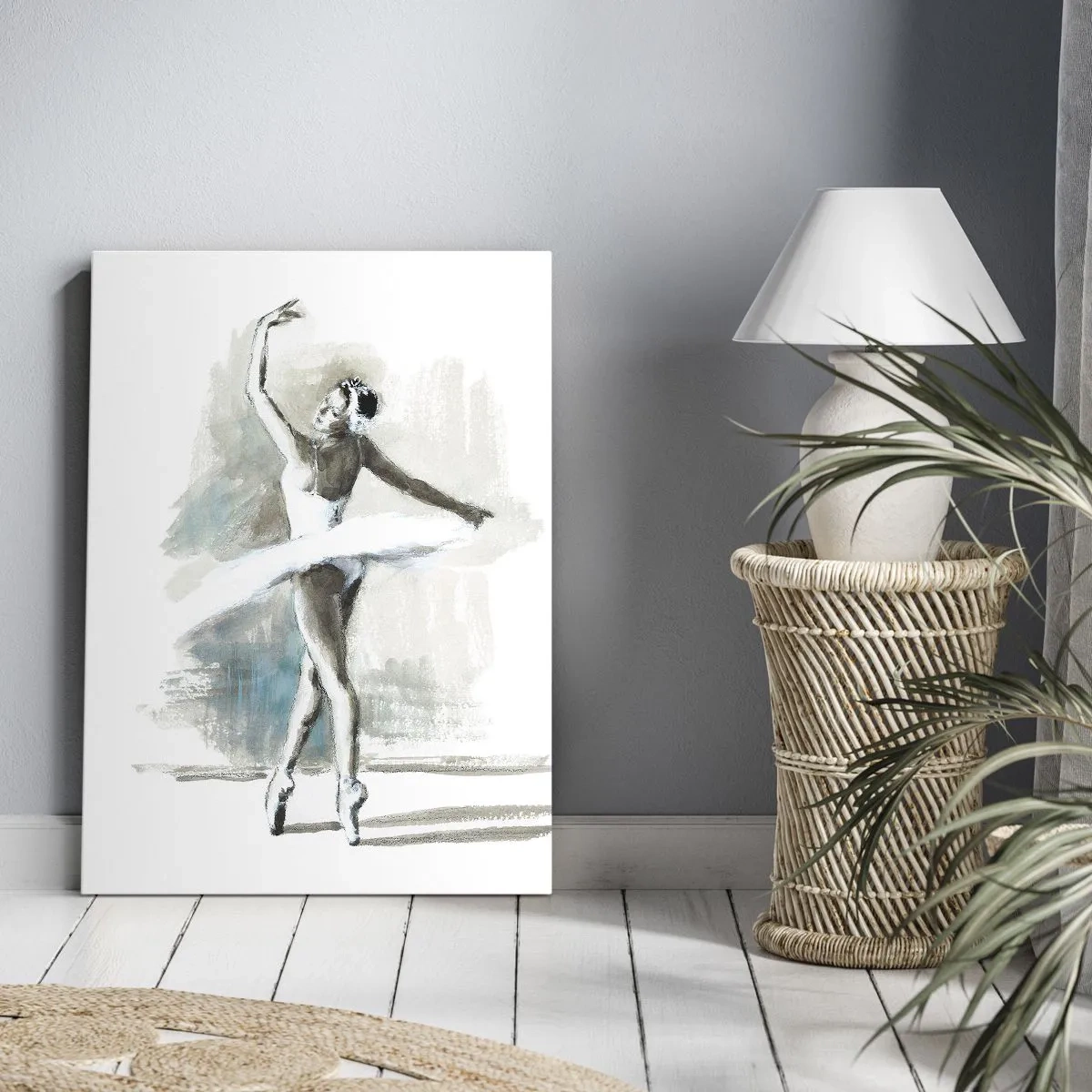 Quadro su tela - Stampe su Tela - Una ballerina in posa da balletto su uno sfondo dai delicati toni acquerellati. - 50x70cm - Tramutata in un cigno - Decorazione murale moderna per soggiorno e camera da letto ARTTOR