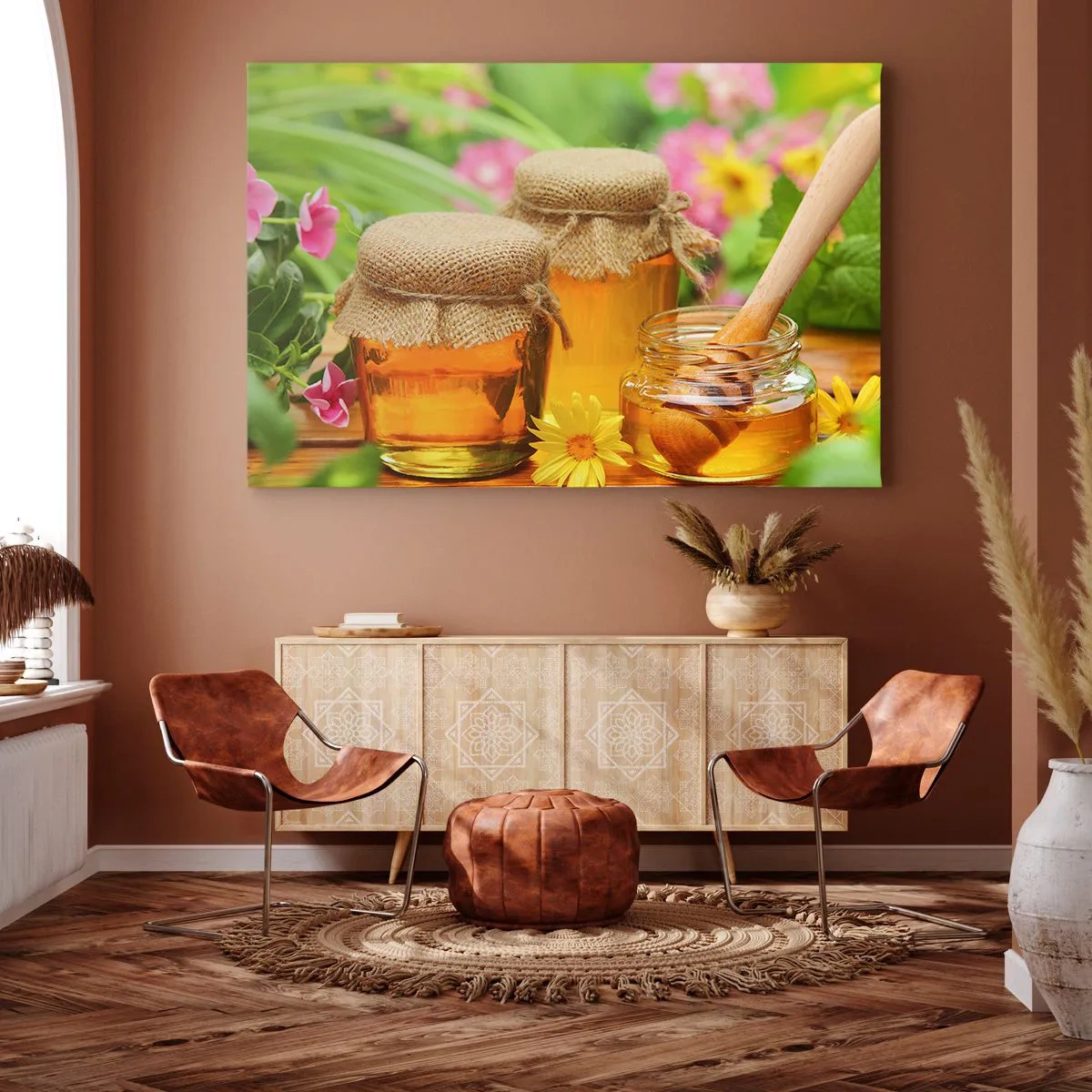 Quadro su tela - Stampe su Tela - Vasetti di miele con fiori sullo sfondo di un giardino estivo - 70x50cm - Dolce miele di fiori - Decorazione murale moderna per soggiorno e camera da letto ARTTOR