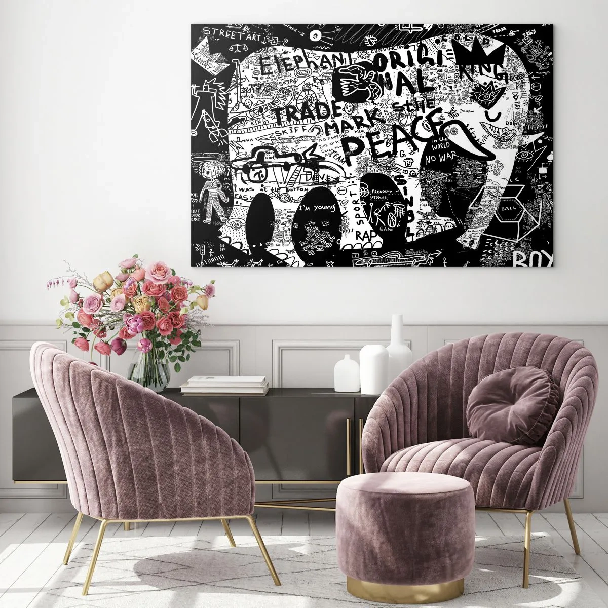 Quadro su vetro - Immagine di graffiti in bianco e nero con temi di pace e libertà - 70x50cm - Il ricco mondo della strada - Decorazione murale moderna per soggiorno e camera da letto ARTTOR