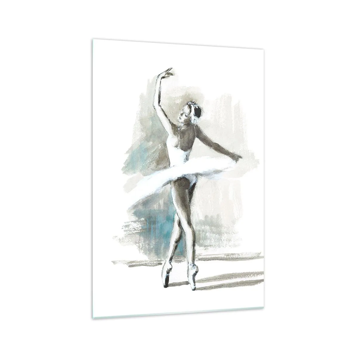Quadro su vetro - Una ballerina in posa da balletto su uno sfondo dai delicati toni acquerellati. - 70x100cm - Tramutata in un cigno - Decorazione murale moderna per soggiorno e camera da letto ARTTOR