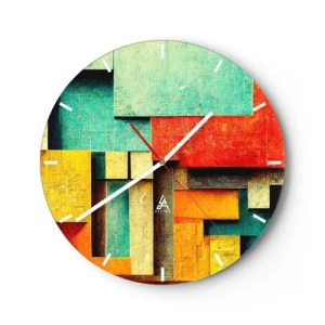 Orologio da parete - Orologio in Vetro - Blocchi geometrici colorati in stile astratto - 30x30cm - Il festival degli angoli retti - Decorazione murale moderna per soggiorno, cucina e camera da letto ARTTOR
