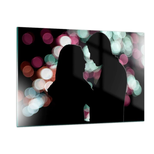 Quadro su vetro - Silhouette di una coppia su uno sfondo di luci bokeh colorate - 120x80cm - Si! - Decorazione murale moderna per soggiorno e camera da letto ARTTOR