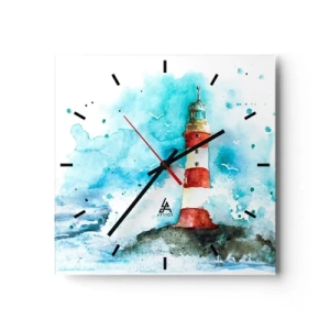 Orologio da parete - Orologio in Vetro - Un faro in un ambiente acquerello con uno sfondo blu - 30x30cm - L'unità dei quattro elementi - Decorazione murale moderna per soggiorno e camera da letto ARTTOR