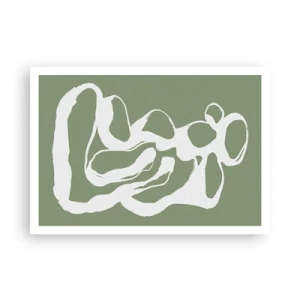 Poster - Forme organiche in bianco su sfondo verde - 100x70cm - Il richiamo dello spazio - Decorazione murale moderna per soggiorno e camera da letto ARTTOR