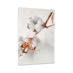 Quadro su vetro - Primo piano di un ramo di cotone su uno sfondo chiaro - 50x70cm - Semplicemente un abbraccio - Decorazione murale moderna per soggiorno e camera da letto ARTTOR