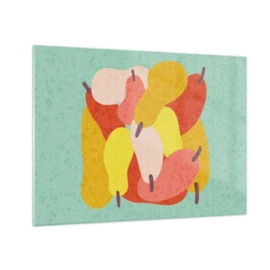Quadro su vetro - Pere colorate in stile grafico su sfondo turchese - 70x50cm - Assaggia il sole estivo - Decorazione murale moderna per soggiorno e camera da letto ARTTOR