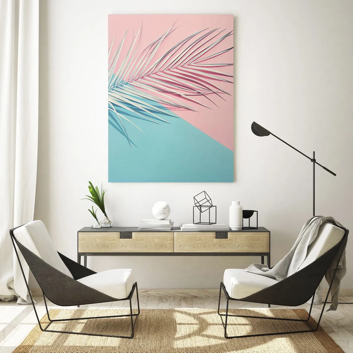 Quadro su vetro - Una foglia di palma su uno sfondo pastello in una composizione geometrica - 50x70cm - Impressione tropicale - Decorazione murale moderna per soggiorno e camera da letto ARTTOR