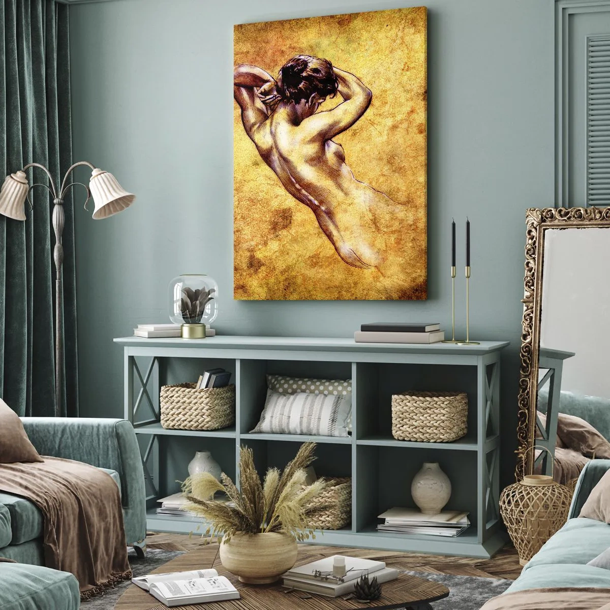 Quadro su tela - Stampe su Tela - Nudo femminile artistico su sfondo dorato in stile classico - 70x100cm - Nuda, ma sempre misteriosa - Decorazione murale moderna per soggiorno e camera da letto ARTTOR
