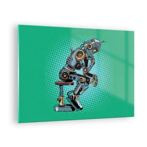 Quadro su vetro - Un robot pensatore su uno sfondo verde con motivo pop art. - 70x50cm - Sull'essenza dell'essere - Decorazione murale moderna per soggiorno e camera da letto ARTTOR