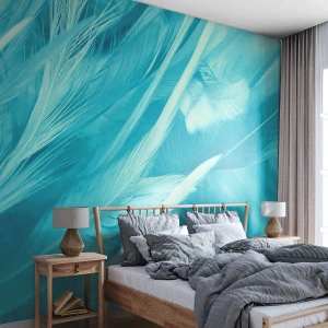Fotomurali Premium Sand - Delicate piume blu in un approccio artistico - 100x70cm - Annegare nel morbido - Decorazione murale moderna per soggiorno e camera da letto ARTTOR