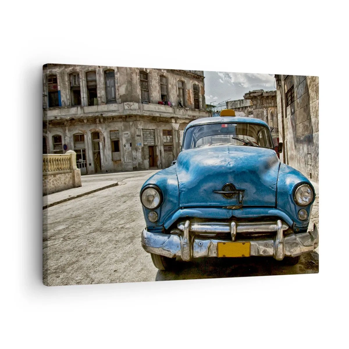 Quadro su tela - Stampe su Tela - Una vecchia macchina blu sulla strada in stile retrò - 70x50cm - Antico è bello - Decorazione murale moderna per soggiorno e camera da letto ARTTOR