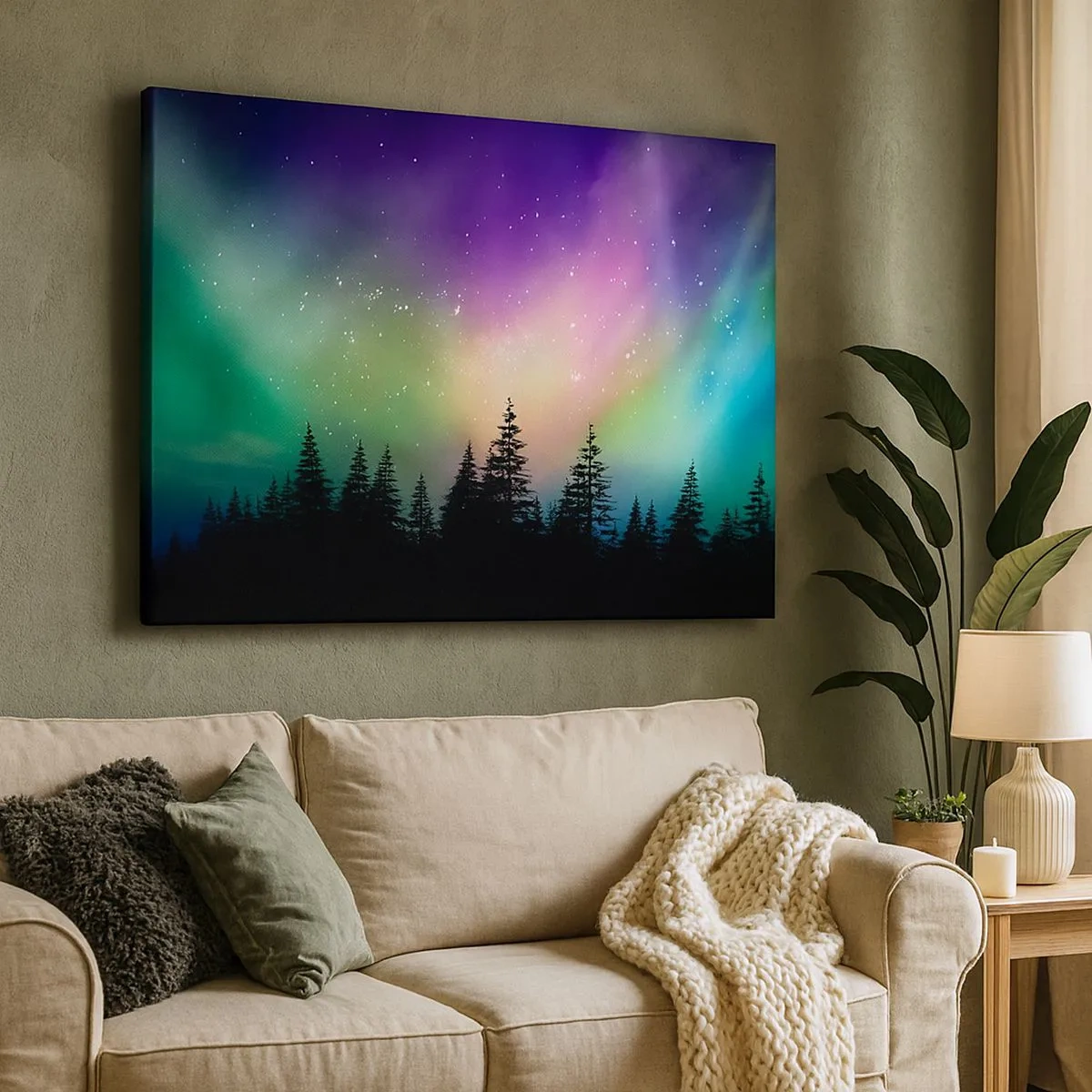 Quadro su tela - Stampe su Tela - Aurora boreale su una foresta con cielo stellato - 70x50cm - Magia bianca - Decorazione murale moderna per soggiorno e camera da letto ARTTOR