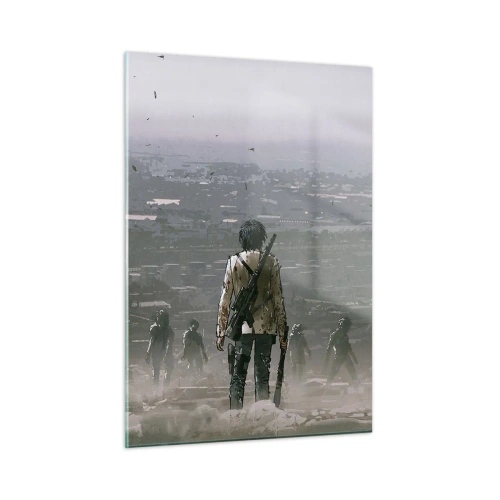 Quadro su vetro - Una figura con un fucile nello scenario oscuro di un gruppo in avvicinamento - 50x70cm - L'ultimo dei giusti? - Decorazione murale moderna per soggiorno e camera da letto ARTTOR
