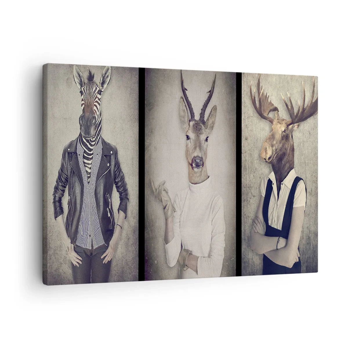 Quadro su tela - Stampe su Tela - Un trittico con figure di animali in abiti umani su uno sfondo artistico - 70x50cm - Facciamo parlare i gesti - Decorazione murale moderna per soggiorno e camera da letto ARTTOR