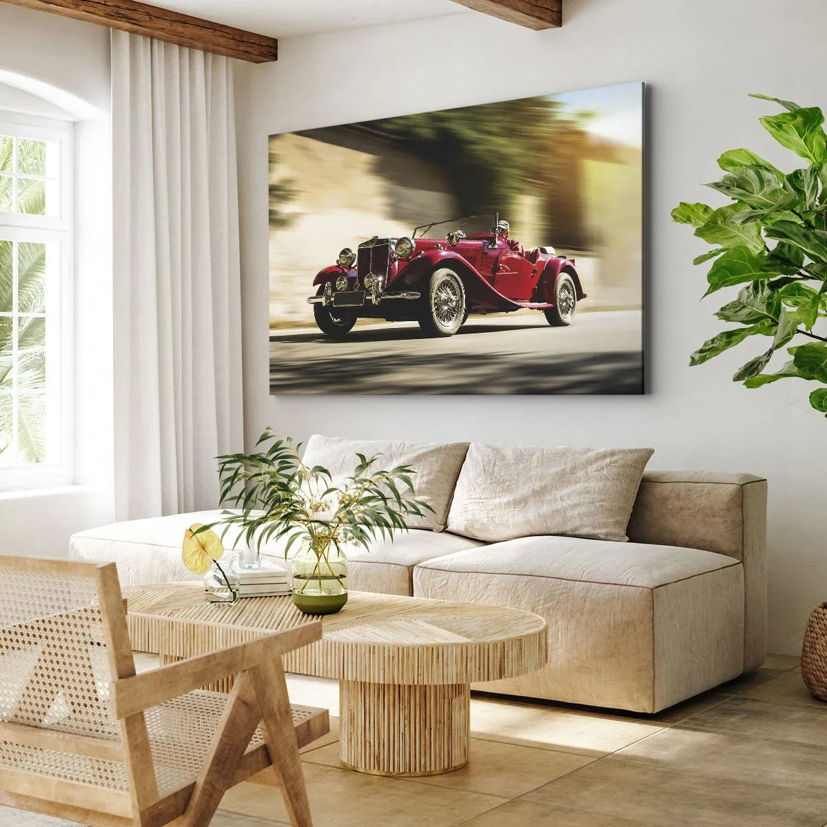 Quadro su tela - Stampe su Tela - Auto d'epoca rossa in movimento su una strada soleggiata - 120x80cm - Più bella della Nike di Samotracia - Decorazione murale moderna per soggiorno e camera da letto ARTTOR
