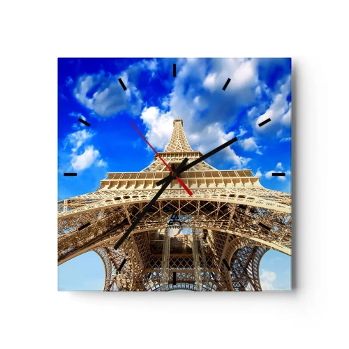 Orologio da parete - Orologio in Vetro - La Torre Eiffel dal basso contro un cielo blu - 30x30cm - Toccare il cielo e le nuvole - Decorazione murale moderna per soggiorno e camera da letto ARTTOR