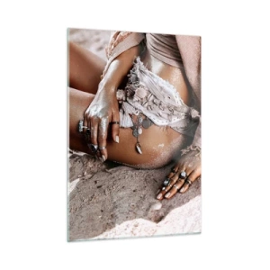 Quadro su vetro - Silhouette femminile su una spiaggia sabbiosa - 50x70cm - Gettata dalle onde? - Decorazione murale moderna per soggiorno e camera da letto ARTTOR