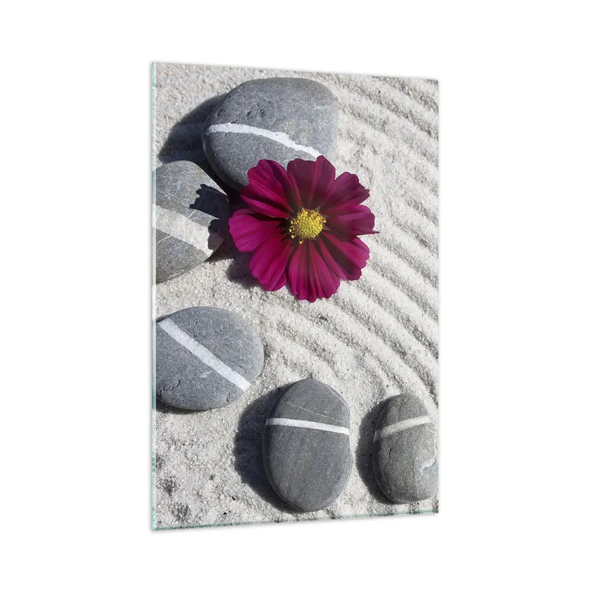 Quadro su vetro - Pietre e un fiore rosa sulla sabbia in stile zen - 80x120cm - Energia e pace nel cerchio magico della natura - Decorazione murale moderna per soggiorno e camera da letto ARTTOR