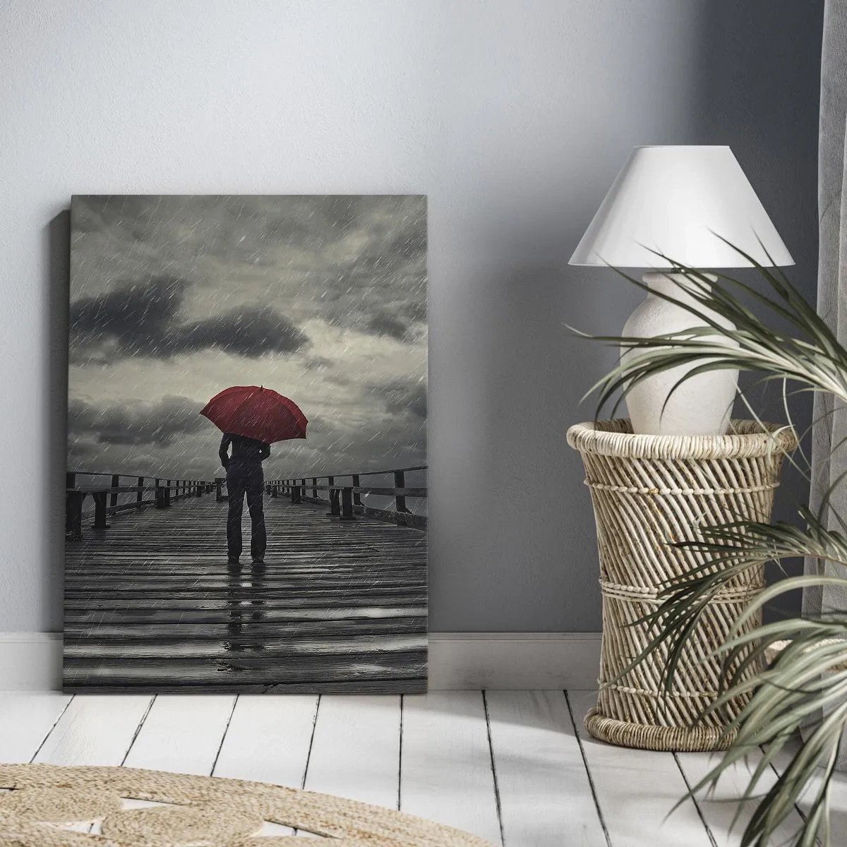 Quadro su tela - Stampe su Tela - Una persona con un ombrello rosso su un molo piovoso - 80x120cm - Non importa che piove - Decorazione murale moderna per soggiorno e camera da letto ARTTOR