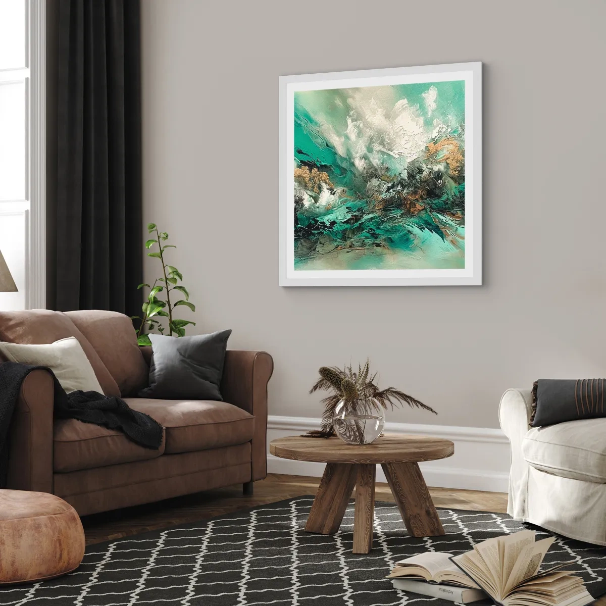 Poster in cornice bianca - Frangente nero e smeraldo - 30x30 cm