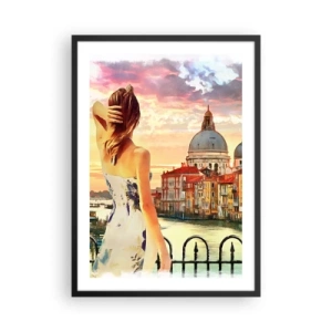 Poster in cornice nera - Una donna ammira il panorama di una città storica al tramonto - 50x70cm - Se un'avventura allora solo a... - Decorazione murale moderna per soggiorno e camera da letto ARTTOR
