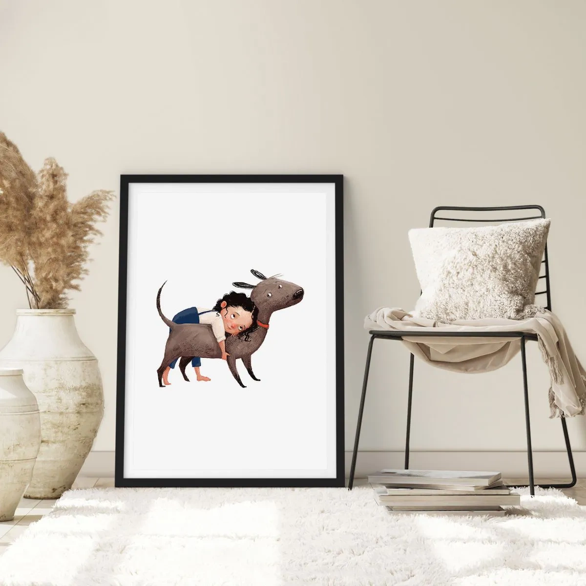 Poster in cornice nera - Illustrazione di un bambino che abbraccia un cane su uno sfondo bianco - 50x70cm - I migliori amici - Decorazione murale moderna per soggiorno e camera da letto ARTTOR