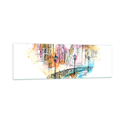 Quadro su vetro - Acquerello di un ponte e case popolari a forma di cuore - 160x50cm - Il cuore della città - Decorazione murale moderna per soggiorno e camera da letto ARTTOR