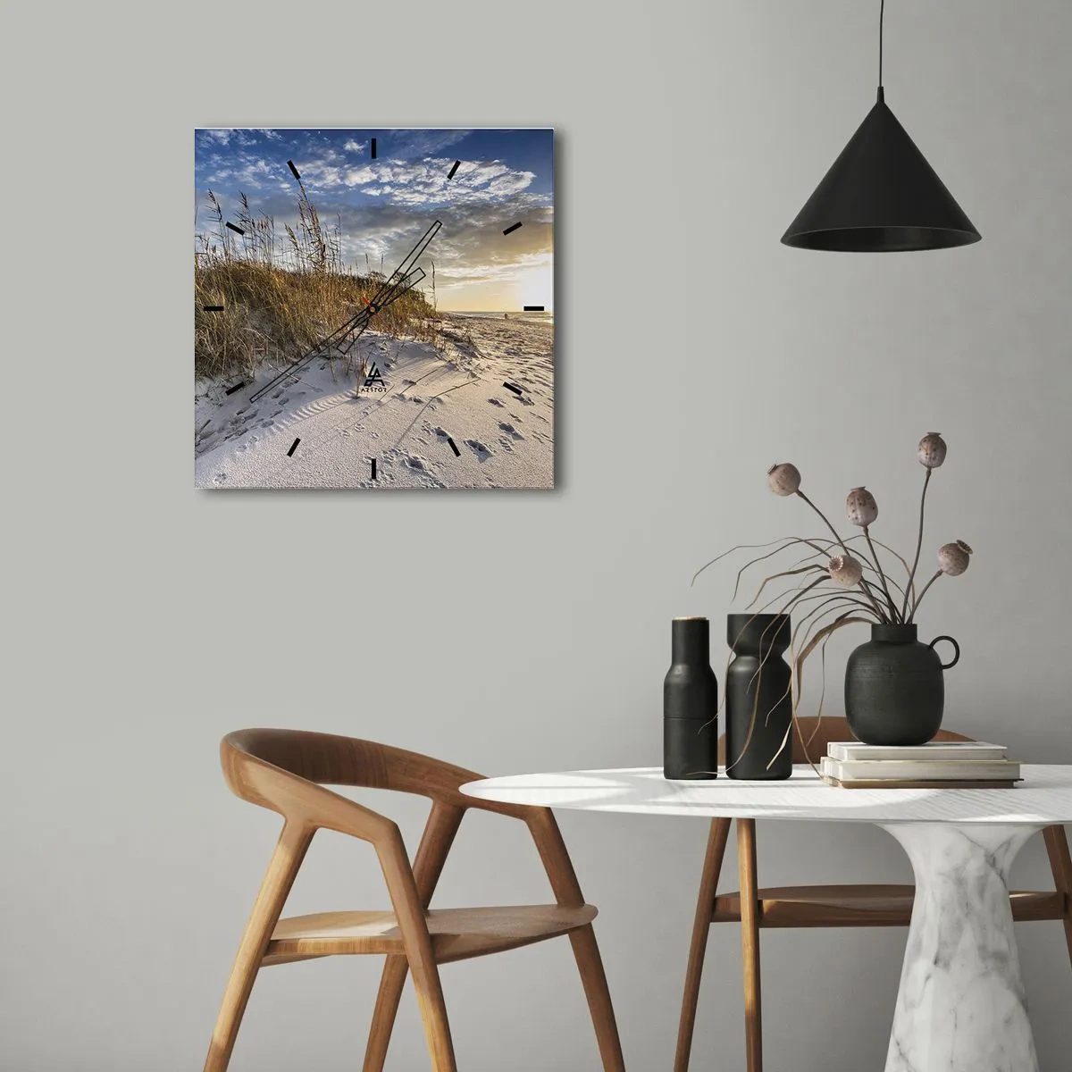 Orologio da parete - Orologio in Vetro - Dune con erba e impronte nella sabbia al tramonto - 30x30cm - Invito a passeggiare - Decorazione murale moderna per soggiorno e camera da letto ARTTOR
