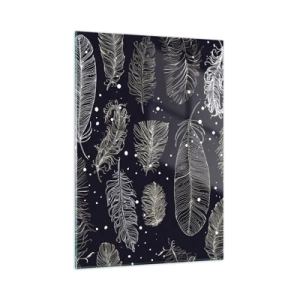 Quadro su vetro - Piume bianche su sfondo nero con dettagli sottili - 50x70cm - Pizzo piumato - Decorazione murale moderna per soggiorno e camera da letto ARTTOR