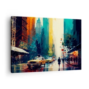 Quadro su tela - Stampe su Tela - Una città vivace con taxi e passanti - 70x50cm - New York: qui anche la pioggia è colorata - Decorazione murale moderna per soggiorno e camera da letto ARTTOR