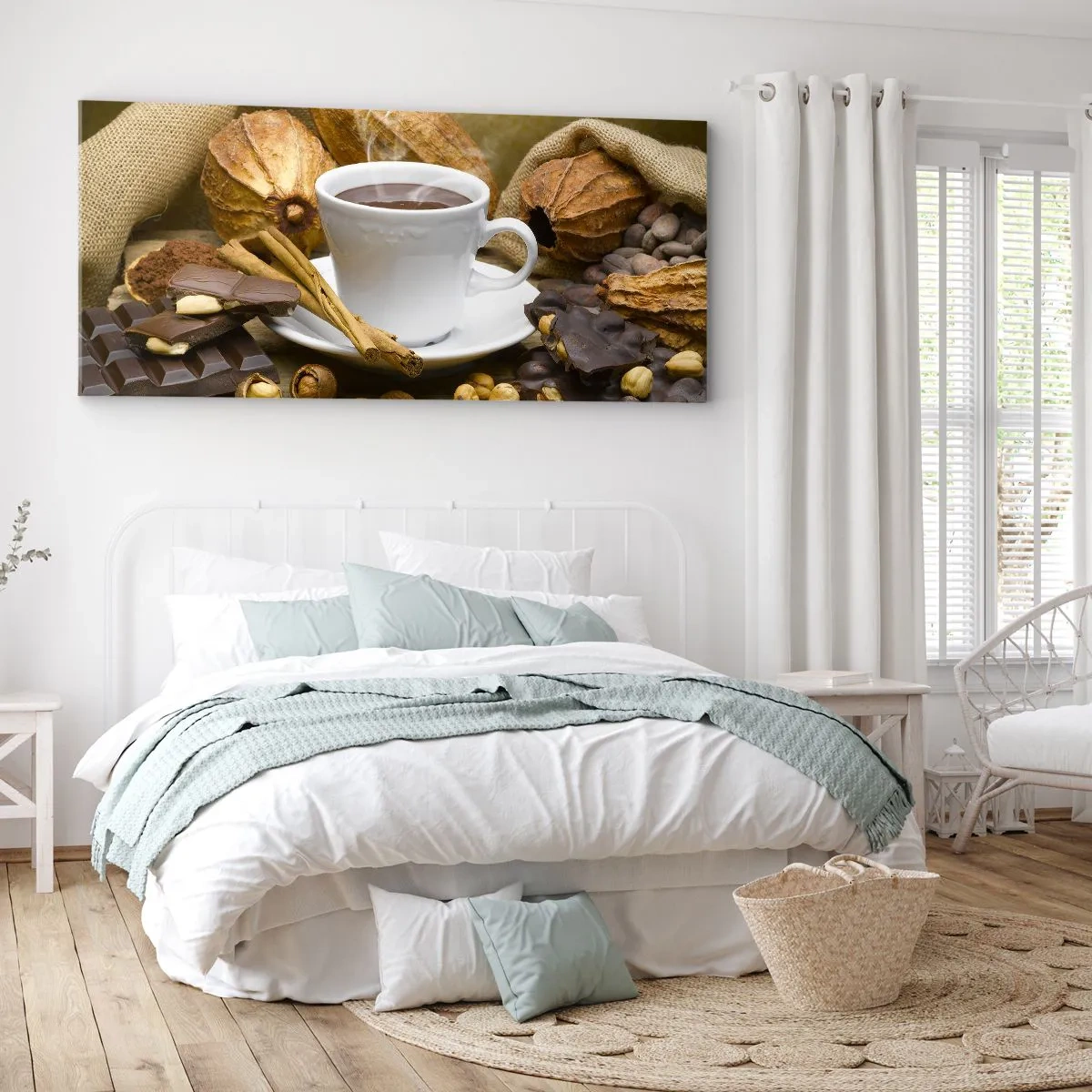 Quadro su tela - Stampe su Tela - Una tazza di cioccolata calda circondata da cacao e cannella - 120x50cm - Per i cercatori di emozioni - Decorazione murale moderna per soggiorno e camera da letto ARTTOR