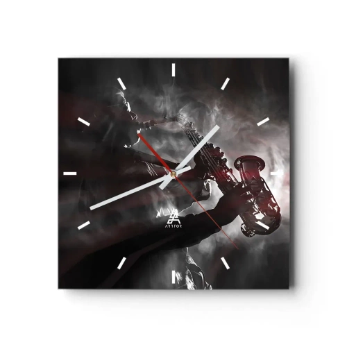 Orologio da parete - Orologio in Vetro - Sassofonista in fumo sul palco in un suggestivo abito nero e rosso - 30x30cm - Nei fumi del jazz - Decorazione murale moderna per soggiorno e camera da letto ARTTOR