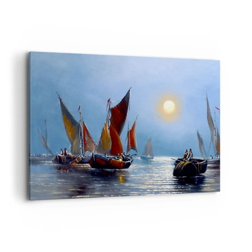 Quadro su tela - Stampe su Tela - Barche con le vele su acque calme al tramonto - 100x70cm - Pesca notturna - Decorazione murale moderna per soggiorno e camera da letto ARTTOR