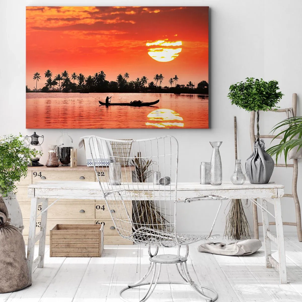Quadro su tela - Stampe su Tela - Tramonto tropicale con una barca e palme sullo sfondo - 70x50cm - La calma dei tropici al tramonto - Decorazione murale moderna per soggiorno e camera da letto ARTTOR