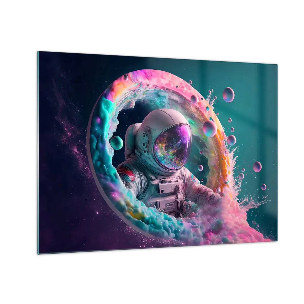 Quadro su vetro - Astronauta nello spazio colorato - 70x50cm - Stargate - Decorazione murale moderna per soggiorno e camera da letto ARTTOR