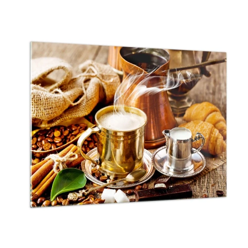 Quadro su vetro - Una tazza dorata di caffè con latte circondata da chicchi e croissant - 70x50cm - Buona giornata! - Decorazione murale moderna per soggiorno e camera da letto ARTTOR