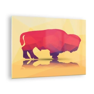 Quadro su vetro - Bisonte geometrico dai colori caldi - 70x50cm - La forza del bisonte amaranto - Decorazione murale moderna per soggiorno e camera da letto ARTTOR